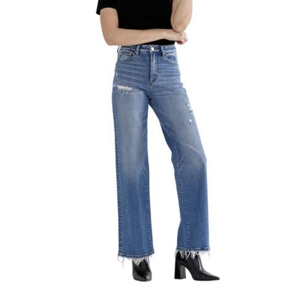 Mica High Rise Wide Leg Distressed Boho Relaxed Stretch Jeans Raw Hem Size 27 - Picture 2 of 16